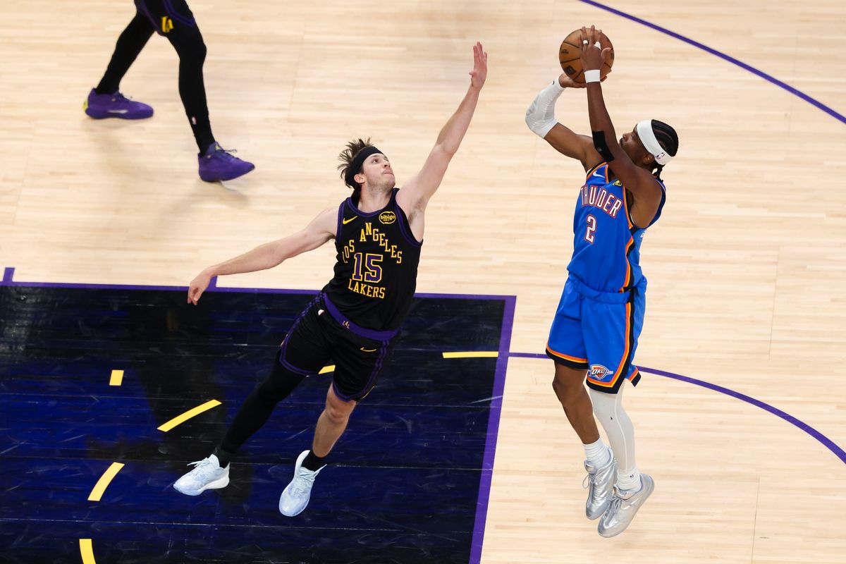 Shai Gilgeous-Alexander #2 of the Oklahoma City Thunder shoots over Austin Reaves #15 of the Los Angeles Lakers during an NBA Playoffs basketball game, Monday May 11, 2026 in Los Angeles, Calif. Shai Gilgeous-Alexander #2 of the Oklahoma City Thunder shoots over Austin Reaves #15 of the Los Angeles Lakers during an NBA Playoffs basketball game, Monday May 11, 2026 in Los Angeles, Calif.