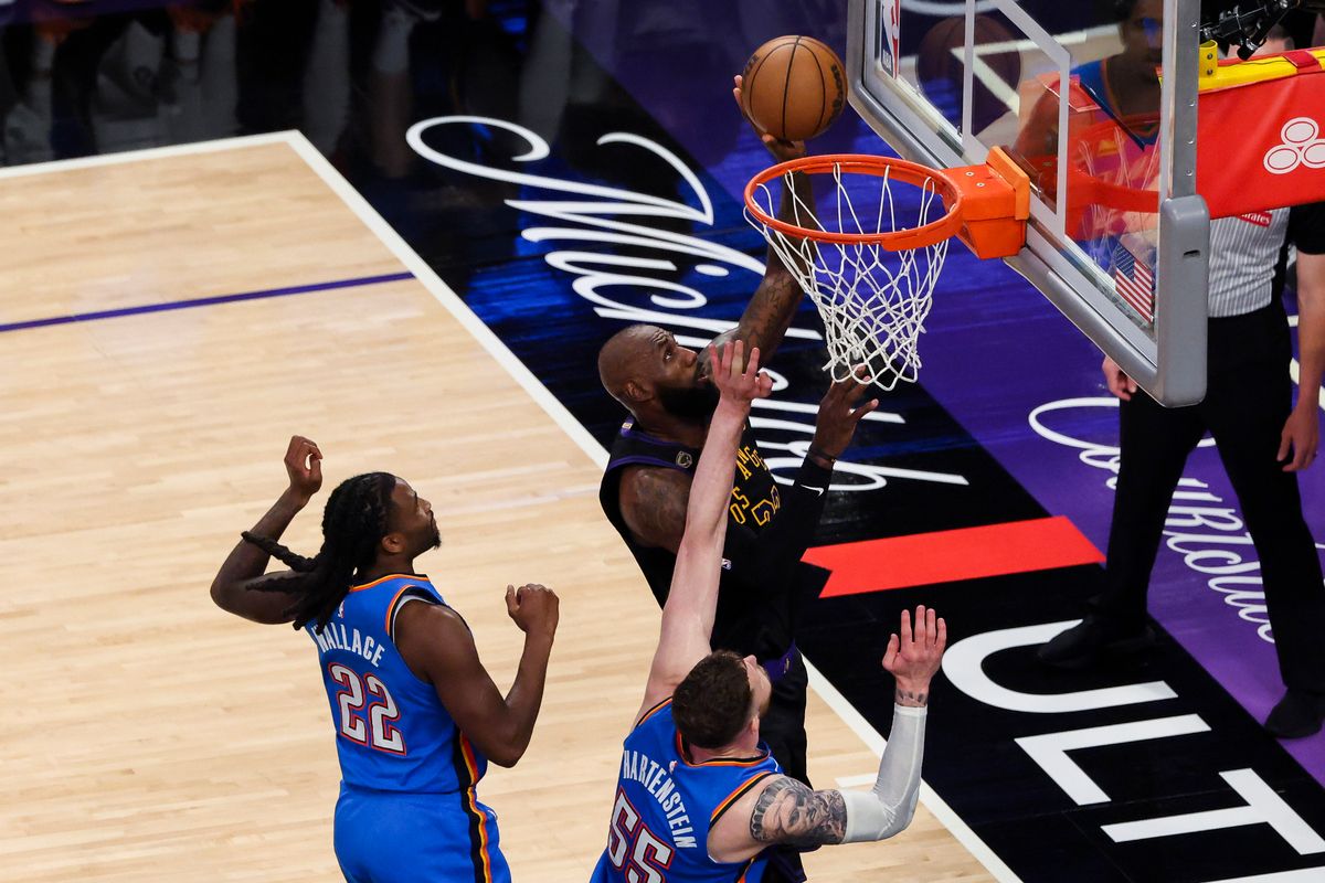 LeBron James #23 of the Los Angeles Lakers lays the ball up during an NBA Playoffs basketball game against the Oklahoma City Thunder, Monday May 11, 2026 in Los Angeles, Calif. LeBron James #23 of the Los Angeles Lakers lays the ball up during an NBA Playoffs basketball game against the Oklahoma City Thunder, Monday May 11, 2026 in Los Angeles, Calif.