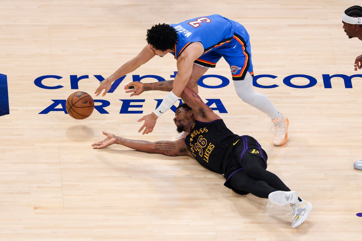 Marcus Smart #36 of the Los Angeles Lakers and Jared McCain #3 of the Oklahoma City Thunder fight for a loose ball during an NBA Playoffs basketball game, Monday May 11, 2026 in Los Angeles, Calif. Marcus Smart #36 of the Los Angeles Lakers and Jared McCain #3 of the Oklahoma City Thunder fight for a loose ball during an NBA Playoffs basketball game, Monday May 11, 2026 in Los Angeles, Calif.