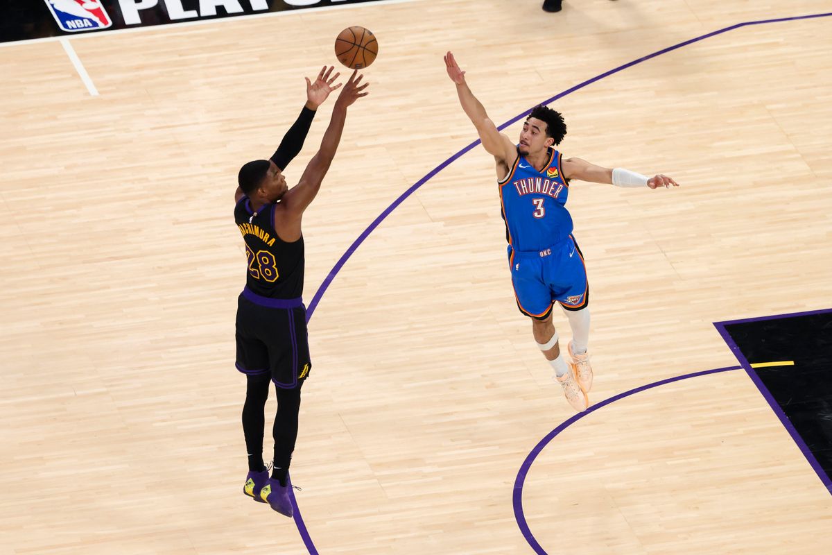 Rui Hachimura #28 of the Los Angeles Lakers shoots the ball over Jared McCain #3 of the Oklahoma City Thunder during an NBA Playoffs basketball game, Monday May 11, 2026 in Los Angeles, Calif. Rui Hachimura #28 of the Los Angeles Lakers shoots the ball over Jared McCain #3 of the Oklahoma City Thunder during an NBA Playoffs basketball game, Monday May 11, 2026 in Los Angeles, Calif.