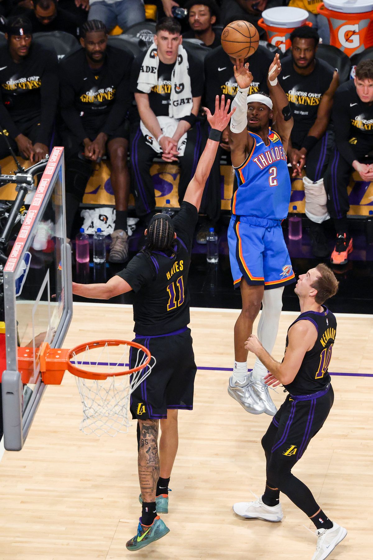 Shai Gilgeous-Alexander #2 of the Oklahoma City Thunder shoots the ball during an NBA Playoffs basketball game against the Los Angeles Lakers, Monday May 11, 2026 in Los Angeles, Calif. Shai Gilgeous-Alexander #2 of the Oklahoma City Thunder shoots the ball during an NBA Playoffs basketball game against the Los Angeles Lakers, Monday May 11, 2026 in Los Angeles, Calif.