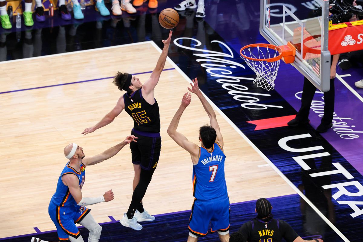 Austin Reaves #15 of the Los Angeles Lakers lays the ball up during an NBA Playoffs basketball game against the Oklahoma City Thunder, Monday May 11, 2026 in Los Angeles, Calif. Austin Reaves #15 of the Los Angeles Lakers lays the ball up during an NBA Playoffs basketball game against the Oklahoma City Thunder, Monday May 11, 2026 in Los Angeles, Calif.