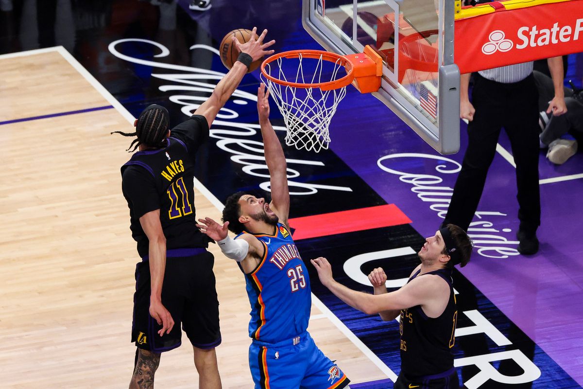 Jaxson Hayes #11 of the Los Angeles Lakers blocks the layup by Ajay Mitchell #25 of the Oklahoma City Thunder during an NBA Playoffs basketball game, Monday May 11, 2026 in Los Angeles, Calif. Jaxson Hayes #11 of the Los Angeles Lakers blocks the layup by Ajay Mitchell #25 of the Oklahoma City Thunder during an NBA Playoffs basketball game, Monday May 11, 2026 in Los Angeles, Calif.