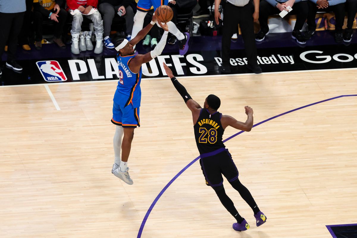 Shai Gilgeous-Alexander #2 of the Oklahoma City Thunder shoots the ball over Rui Hachimura #28 of the Los Angeles Lakers during an NBA Playoffs basketball game, Monday May 11, 2026 in Los Angeles, Calif. Shai Gilgeous-Alexander #2 of the Oklahoma City Thunder shoots the ball over Rui Hachimura #28 of the Los Angeles Lakers during an NBA Playoffs basketball game, Monday May 11, 2026 in Los Angeles, Calif.