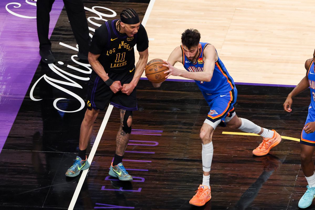 Jaxson Hayes #11 of the Los Angeles Lakers celebrates a dunk over Chet Holmgren #7 of the Oklahoma City Thunder during an NBA Playoffs basketball game, Monday May 11, 2026 in Los Angeles, Calif. Jaxson Hayes #11 of the Los Angeles Lakers celebrates a dunk over Chet Holmgren #7 of the Oklahoma City Thunder during an NBA Playoffs basketball game, Monday May 11, 2026 in Los Angeles, Calif.