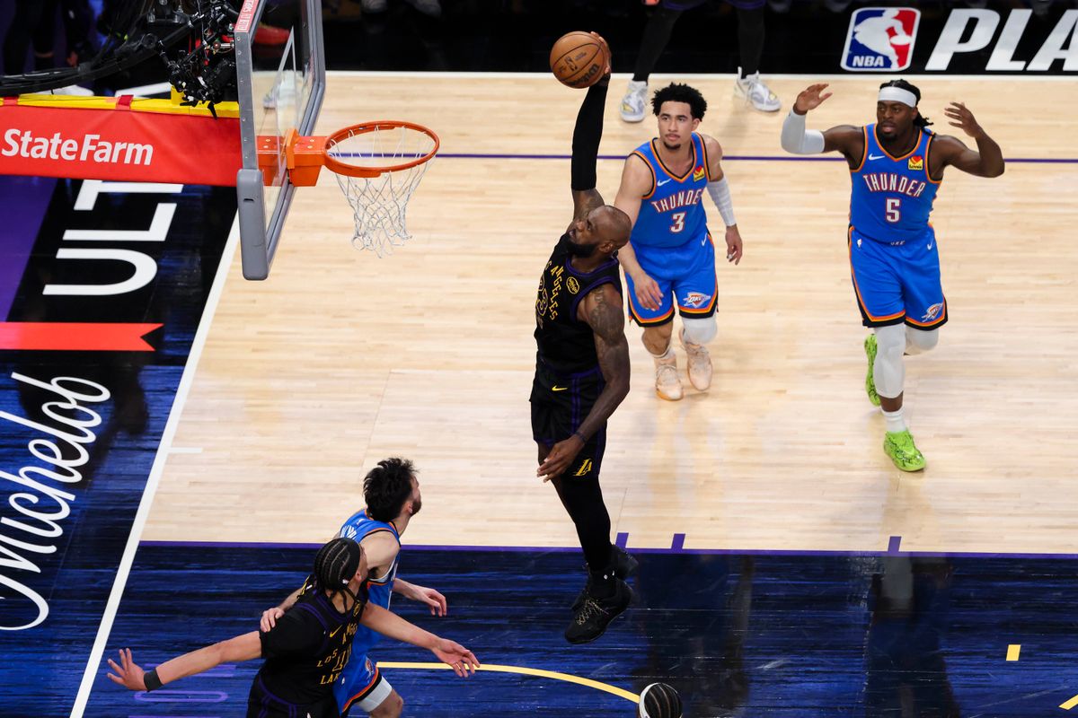 LeBron James #23 of the Los Angeles Lakers dunks the ball during an NBA Playoffs basketball game against the Oklahoma City Thunder, Monday May 11, 2026 in Los Angeles, Calif. LeBron James #23 of the Los Angeles Lakers dunks the ball during an NBA Playoffs basketball game against the Oklahoma City Thunder, Monday May 11, 2026 in Los Angeles, Calif.