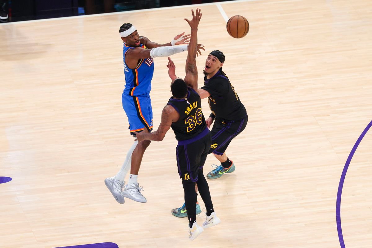 Shai Gilgeous-Alexander #2 of the Oklahoma City Thunder passes the ball through the double team during an NBA Playoffs basketball game against the Los Angeles Lakers, Monday May 11, 2026 in Los Angeles, Calif. Shai Gilgeous-Alexander #2 of the Oklahoma City Thunder passes the ball through the double team during an NBA Playoffs basketball game against the Los Angeles Lakers, Monday May 11, 2026 in Los Angeles, Calif.