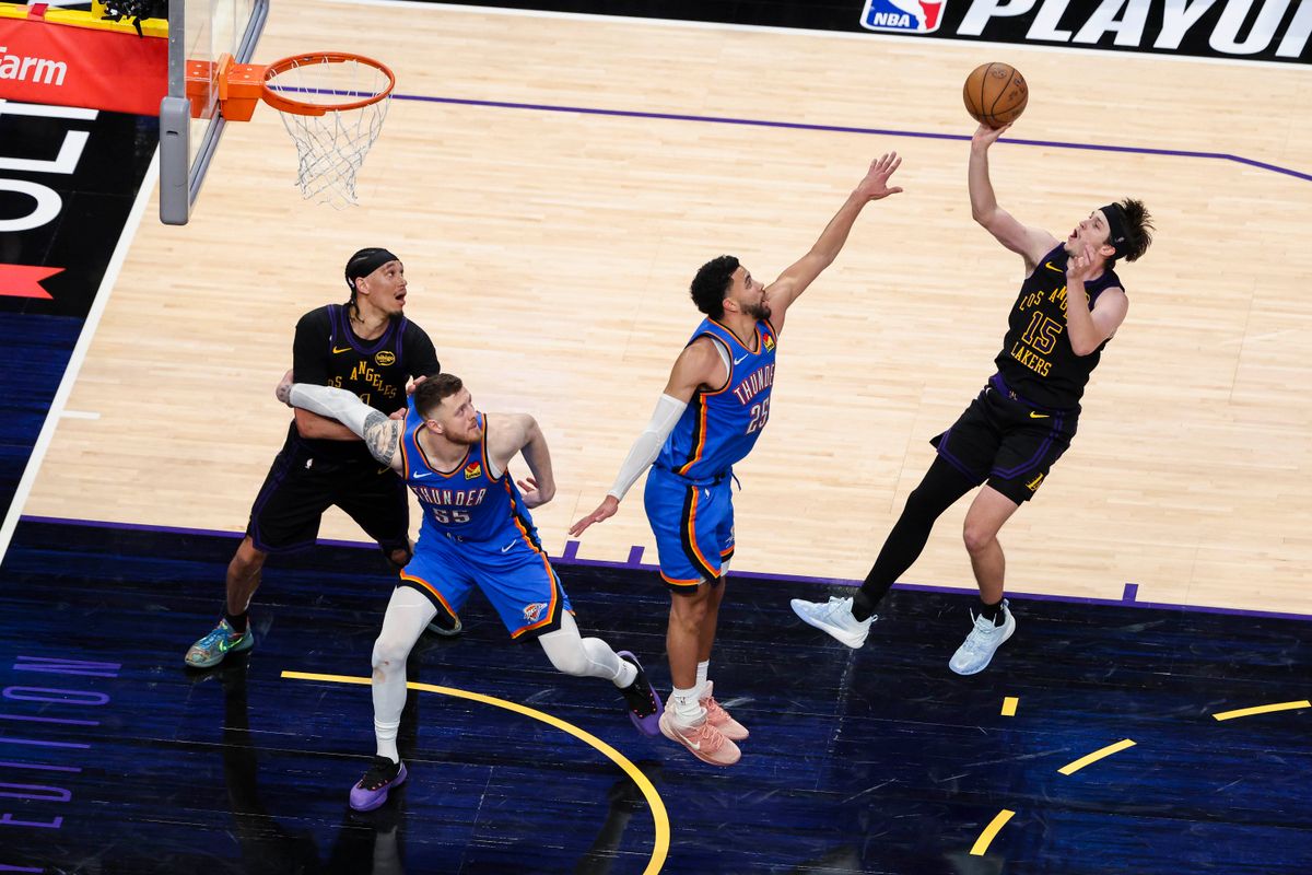 Austin Reaves #15 of the Los Angeles Lakers shoots the ball during an NBA Playoffs basketball game against the Oklahoma City Thunder, Monday May 11, 2026 in Los Angeles, Calif. Austin Reaves #15 of the Los Angeles Lakers shoots the ball during an NBA Playoffs basketball game against the Oklahoma City Thunder, Monday May 11, 2026 in Los Angeles, Calif.