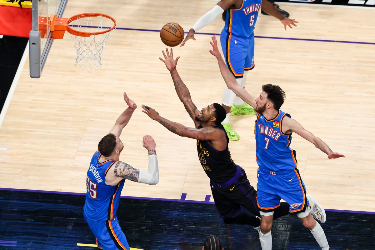 Marcus Smart #36 of the Los Angeles Lakers makes a go-ahead basket in the final minutes during an NBA Playoffs basketball game against the Oklahoma City Thunder, Monday May 11, 2026 in Los Angeles, Calif. Marcus Smart #36 of the Los Angeles Lakers makes a go-ahead basket in the final minutes during an NBA Playoffs basketball game against the Oklahoma City Thunder, Monday May 11, 2026 in Los Angeles, Calif.