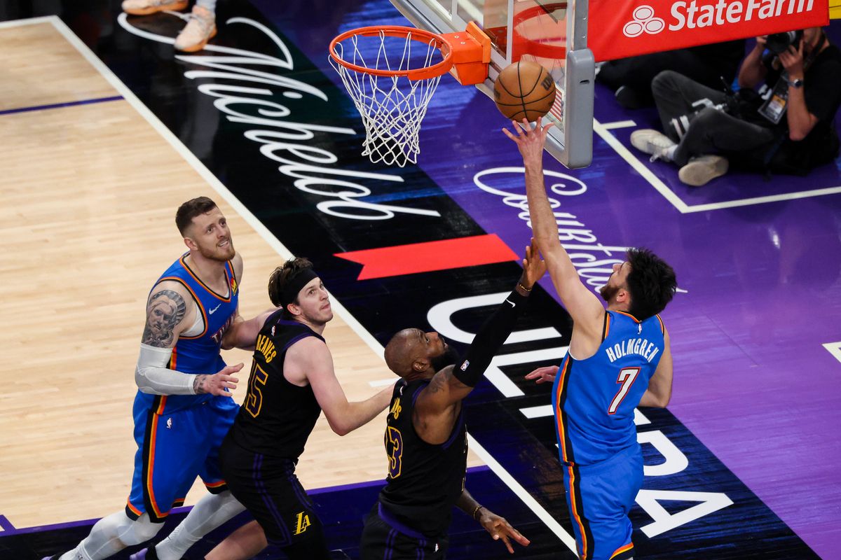 Chet Holmgren #7 of the Oklahoma City Thunder shoots the ball over LeBron James #23 of the Los Angeles Lakers during an NBA Playoffs basketball game, Monday May 11, 2026 in Los Angeles, Calif. Chet Holmgren #7 of the Oklahoma City Thunder shoots the ball over LeBron James #23 of the Los Angeles Lakers during an NBA Playoffs basketball game, Monday May 11, 2026 in Los Angeles, Calif.