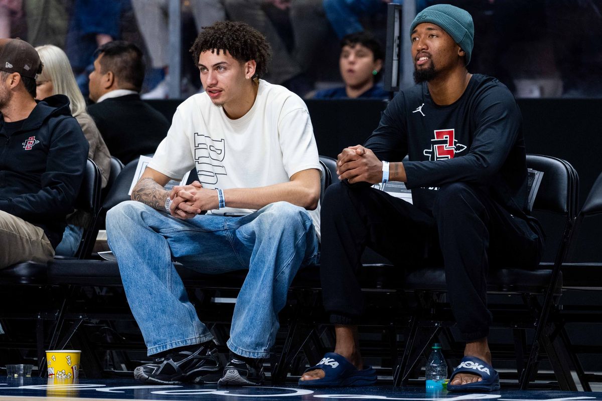San Diego State players Miles Byrd (left) and Jeremiah Oden (right) watch a G League Basketball game between Sioux Falls and San Diego, Saturday December 27, 2025 at Frontwave Arena in Oceanside, Calif. San Diego State players Miles Byrd (left) and Jeremiah Oden (right) watch a G League Basketball game between Sioux Falls and San Diego, Saturday December 27, 2025 at Frontwave Arena in Oceanside, Calif.
