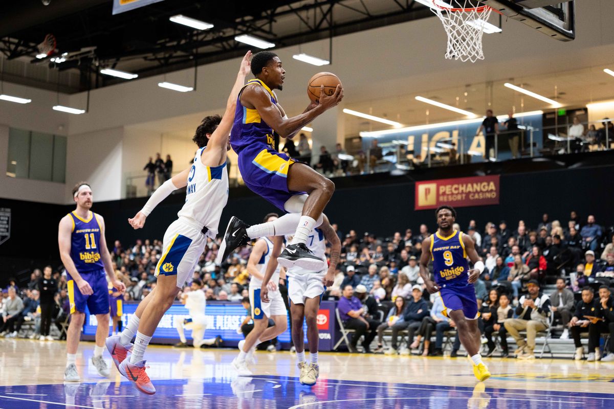 South Bay Lakers forward Tevian Jones (5) lays it up during an NBA G League basketball game against the Santa Cruz Warriors on Friday, Nov. 21, 2025, in El Segundo, Calif. South Bay Lakers forward Tevian Jones (5) lays it up during an NBA G League basketball game against the Santa Cruz Warriors on Friday, Nov. 21, 2025, in El Segundo, Calif.