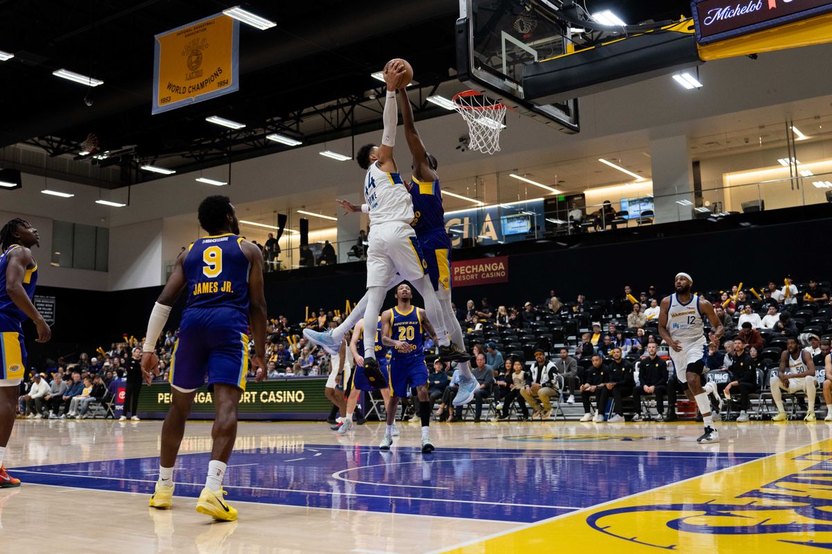 South Bay Lakers center Christian Koloko (10) blocks a shot during an NBA G League basketball game against the Santa Cruz Warriors on Friday, Nov. 21, 2025, in El Segundo, Calif. South Bay Lakers center Christian Koloko (10) blocks a shot during an NBA G League basketball game against the Santa Cruz Warriors on Friday, Nov. 21, 2025, in El Segundo, Calif.