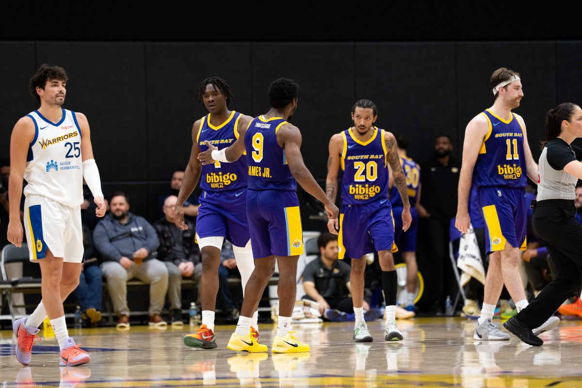 South Bay Lakers forward Adou Theiro (1) and guard Bronny James Jr. (9) high-five each other after a made shot during an NBA G League basketball game against the Santa Cruz Warriors on Friday, Nov. 21, 2025, in El Segundo, Calif. South Bay Lakers forward Adou Theiro (1) and guard Bronny James Jr. (9) high-five each other after a made shot during an NBA G League basketball game against the Santa Cruz Warriors on Friday, Nov. 21, 2025, in El Segundo, Calif.