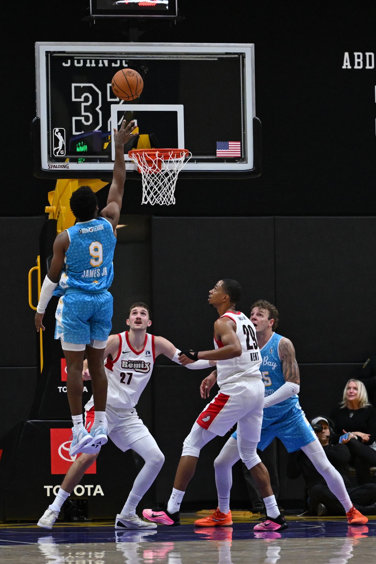 South Bay Lakers guard, Bronny James Jr, #9 makes a tear drop shot during an NBA G League basketball game against the Rip City Remix, Saturday December 13, 2025 at UCLA Health Training Center in El Segundo, Calif. South Bay Lakers guard, Bronny James Jr, #9 makes a tear drop shot during an NBA G League basketball game against the Rip City Remix, Saturday December 13, 2025 at UCLA Health Training Center in El Segundo, Calif.