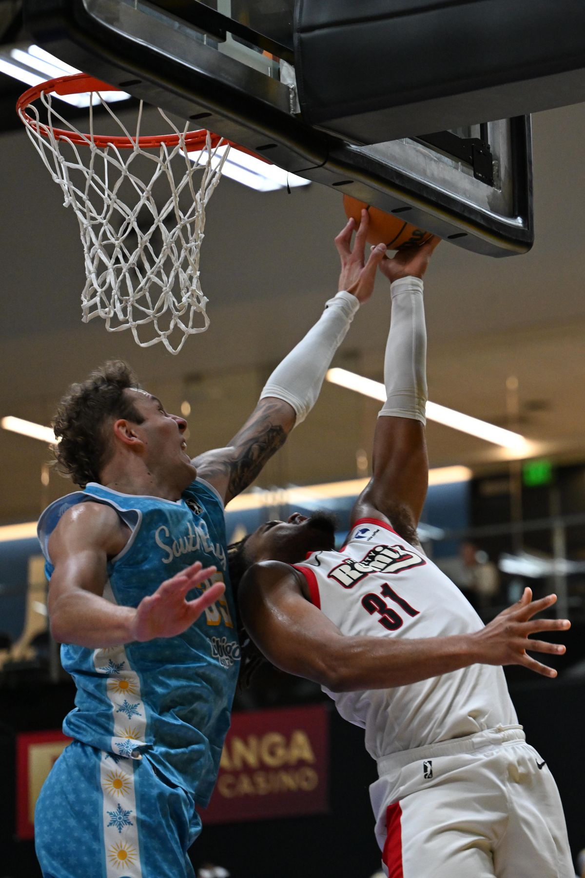 South Bay Lakers center, Kylor Kelley, #35 makes a block during an NBA G League basketball game against the Rip City Remix, Saturday December 13, 2025 at UCLA Health Training Center in El Segundo, Calif. South Bay Lakers center, Kylor Kelley, #35 makes a block during an NBA G League basketball game against the Rip City Remix, Saturday December 13, 2025 at UCLA Health Training Center in El Segundo, Calif.