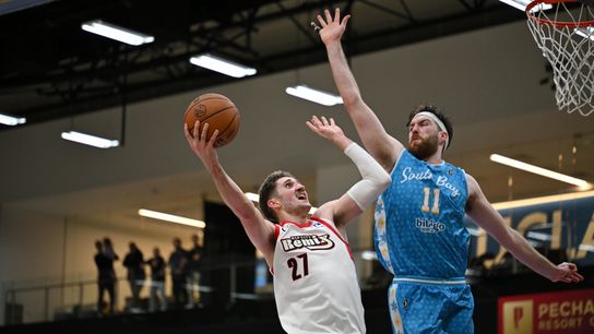 South Bay Lakers forward, Drew Timme, #11 jumps up to block a shot during an NBA G League basketball game against the Rip City Remix, Saturday December 13, 2025 at UCLA Health Training Center in El Segundo, Calif. South Bay Lakers forward, Drew Timme, #11 jumps up to block a shot during an NBA G League basketball game against the Rip City Remix, Saturday December 13, 2025 at UCLA Health Training Center in El Segundo, Calif.