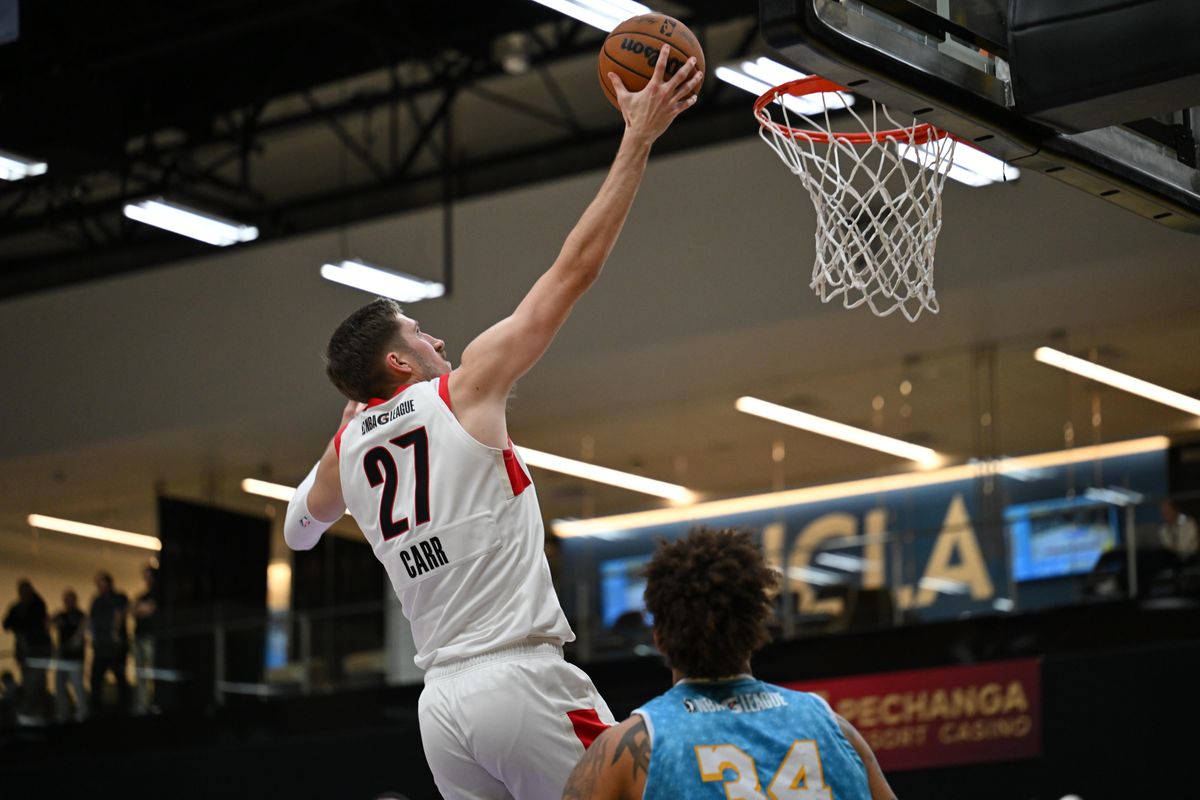 Rip City Remix forward, Andrew Carr, #27 scores during an NBA G League basketball game against the South Bay Lakers, Saturday December 13, 2025 at UCLA Health Training Center in El Segundo, Calif. Rip City Remix forward, Andrew Carr, #27 scores during an NBA G League basketball game against the South Bay Lakers, Saturday December 13, 2025 at UCLA Health Training Center in El Segundo, Calif.