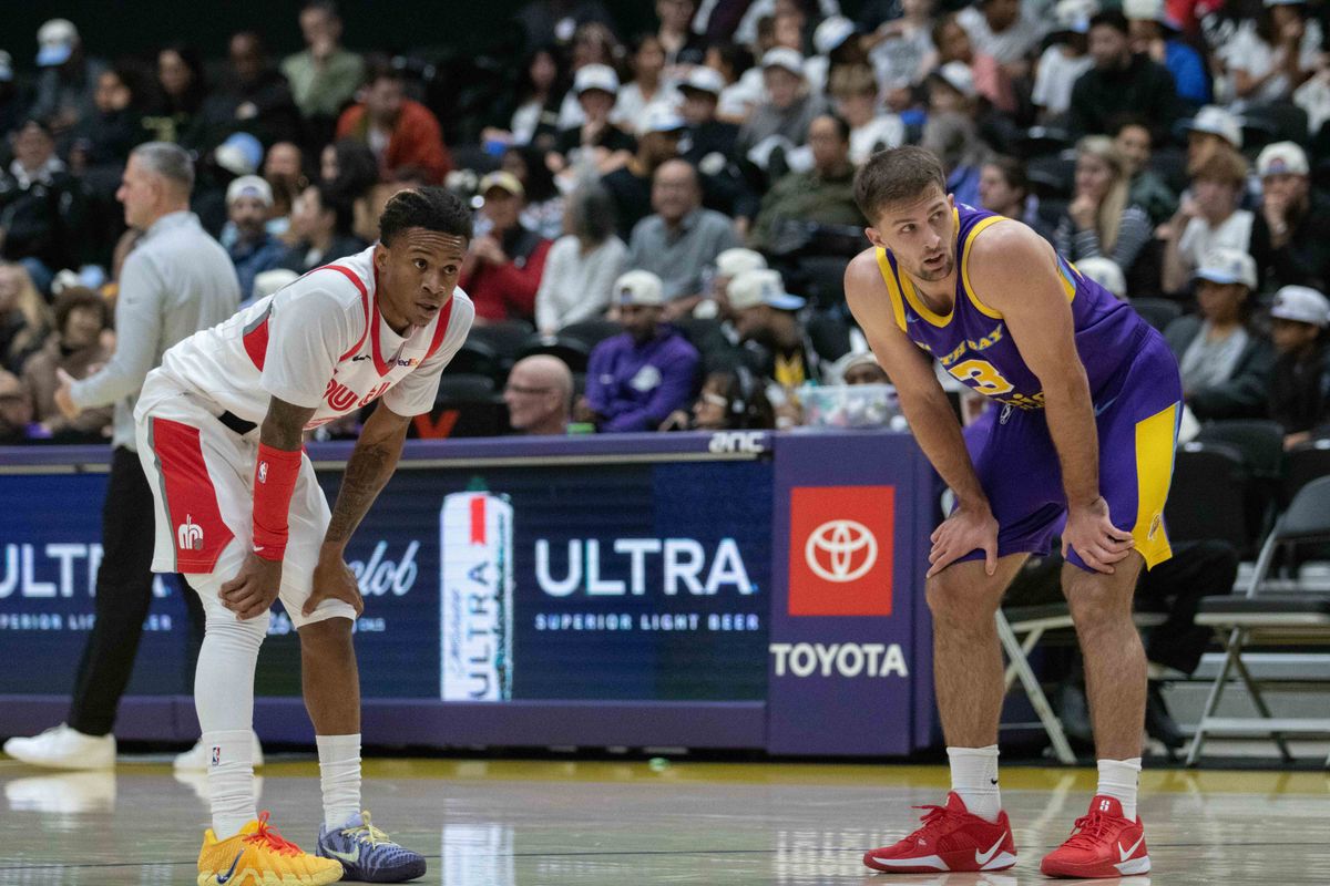 South Bay Lakers guard Augustas Marčiulionis (3) and Memphis Hustle guard Evan Gilyard (2) wait in between plays during a G-League basketball game between the South Bay Lakers and Memphis Hustle Tuesday, January 6, 2026 at UCLA Health Training Center in El Segendo, Calif. South Bay Lakers guard Augustas Marčiulionis (3) and Memphis Hustle guard Evan Gilyard (2) wait in between plays during a G-League basketball game between the South Bay Lakers and Memphis Hustle Tuesday, January 6, 2026 at UCLA Health Training Center in El Segendo, Calif.