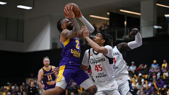 South Bay Lakers Guard RJ Davis (2) drives hard to the basket during a G-League basketball game between the South Bay Lakers and San Diego Clippers Wednesday, January 14, 2026 at UCLA Health Training Center in El Segundo, Calif. South Bay Lakers Guard RJ Davis (2) drives hard to the basket during a G-League basketball game between the South Bay Lakers and San Diego Clippers Wednesday, January 14, 2026 at UCLA Health Training Center in El Segundo, Calif.