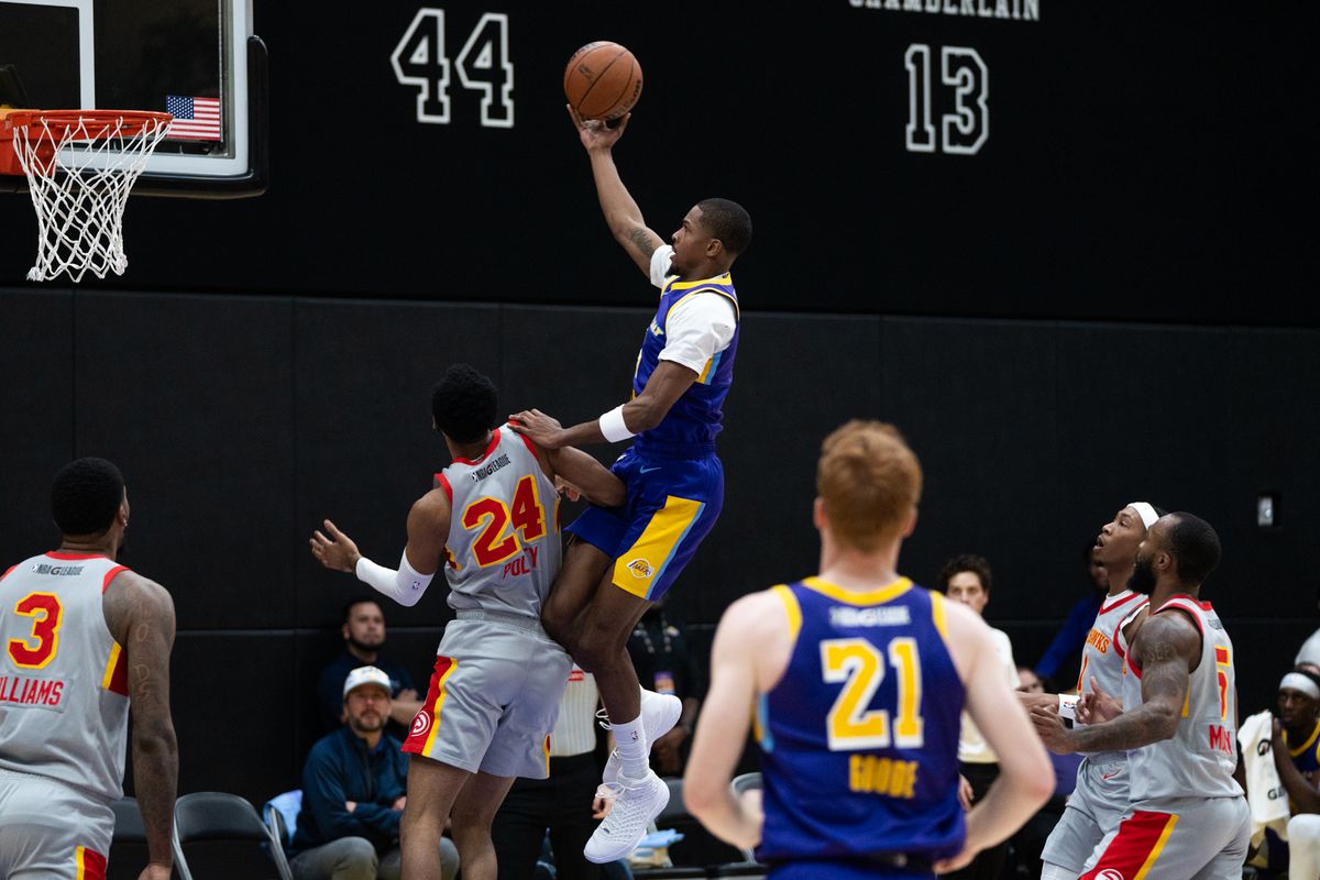 South Bay Lakers Guard Tevian Jones (5) attacks the rim and floats in for a layup during a G-League basketball game against College Park Skyhawks Tuesday, January 27, 2026 at UCLA Health Training Center in El Segundo, Calif. South Bay Lakers Guard Tevian Jones (5) attacks the rim and floats in for a layup during a G-League basketball game against College Park Skyhawks Tuesday, January 27, 2026 at UCLA Health Training Center in El Segundo, Calif.