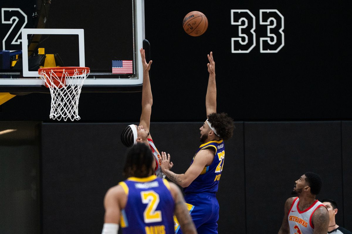 South Bay Lakers Forward Anton Watson (22) shoots a sky hook over his defender during a G-League basketball game against College Park Skyhawks Tuesday, January 27, 2026 at UCLA Health Training Center in El Segundo, Calif. South Bay Lakers Forward Anton Watson (22) shoots a sky hook over his defender during a G-League basketball game against College Park Skyhawks Tuesday, January 27, 2026 at UCLA Health Training Center in El Segundo, Calif.