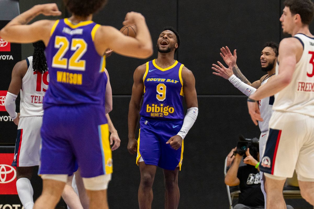 South Bay Lakers guard Bronny James (9) celebrates his and-one during an NBA G-Leauge basketball game against the San Diego Clippers, Wednesday February 11th, 2026 in Los Angeles, California. South Bay Lakers guard Bronny James (9) celebrates his and-one during an NBA G-Leauge basketball game against the San Diego Clippers, Wednesday February 11th, 2026 in Los Angeles, California.