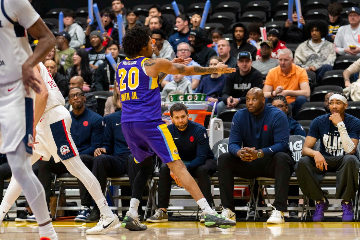 South Bay Lakers guard Nick Smith Jr. (9) celebrates his three pointer during an NBA G-League basketball game against the San Diego Clippers, Wednesday February 11th, 2026 in Los Angeles, California. South Bay Lakers guard Nick Smith Jr. (9) celebrates his three pointer during an NBA G-League basketball game against the San Diego Clippers, Wednesday February 11th, 2026 in Los Angeles, California.