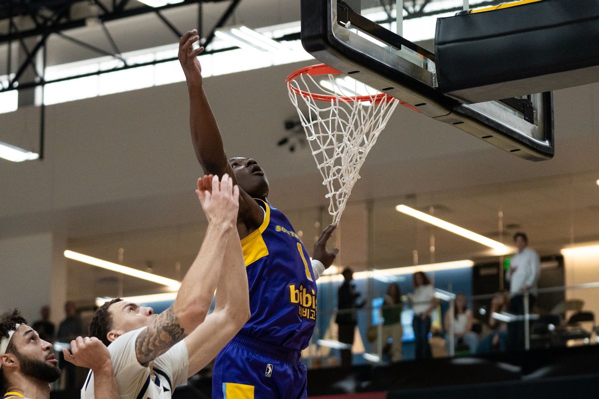 South Bay Lakers guard Adou Thiero (1) goes up for the block during an NBA G-League basketball game against the Grand Rapids Gold, Saturday March 21st, 2026 in El Segundo California South Bay Lakers guard Adou Thiero (1) goes up for the block during an NBA G-League basketball game against the Grand Rapids Gold, Saturday March 21st, 2026 in El Segundo California