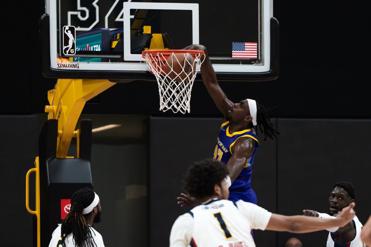 South Bay Lakers forward Arthur Kaluma (47) dunks off a pass from his teammate during an NBA G-League basketball game against the Grand Rapids Gold, Saturday March 21st, 2026 in El Segundo California South Bay Lakers forward Arthur Kaluma (47) dunks off a pass from his teammate during an NBA G-League basketball game against the Grand Rapids Gold, Saturday March 21st, 2026 in El Segundo California