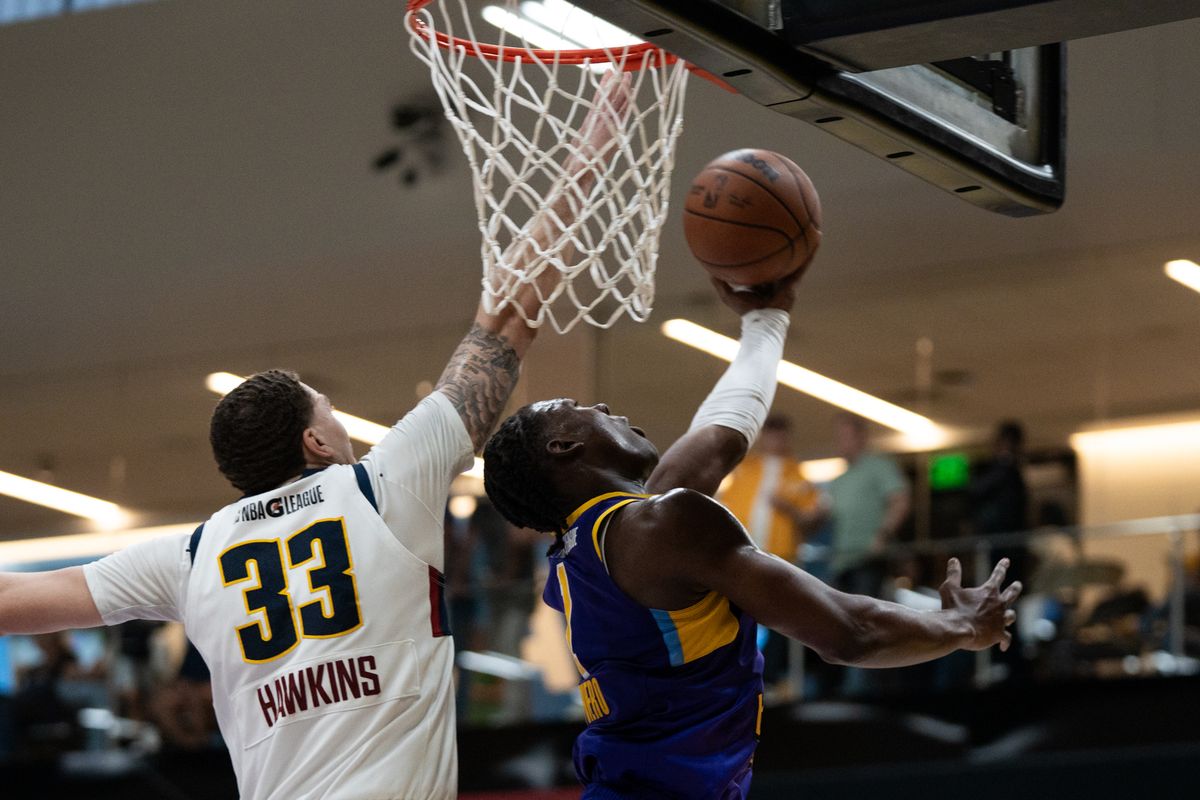 South Bay Lakers guard Adou Thiero (1) finishes a reverse layup during an NBA G-League basketball game against the Grand Rapids Gold, Saturday March 21st, 2026 in El Segundo California South Bay Lakers guard Adou Thiero (1) finishes a reverse layup during an NBA G-League basketball game against the Grand Rapids Gold, Saturday March 21st, 2026 in El Segundo California