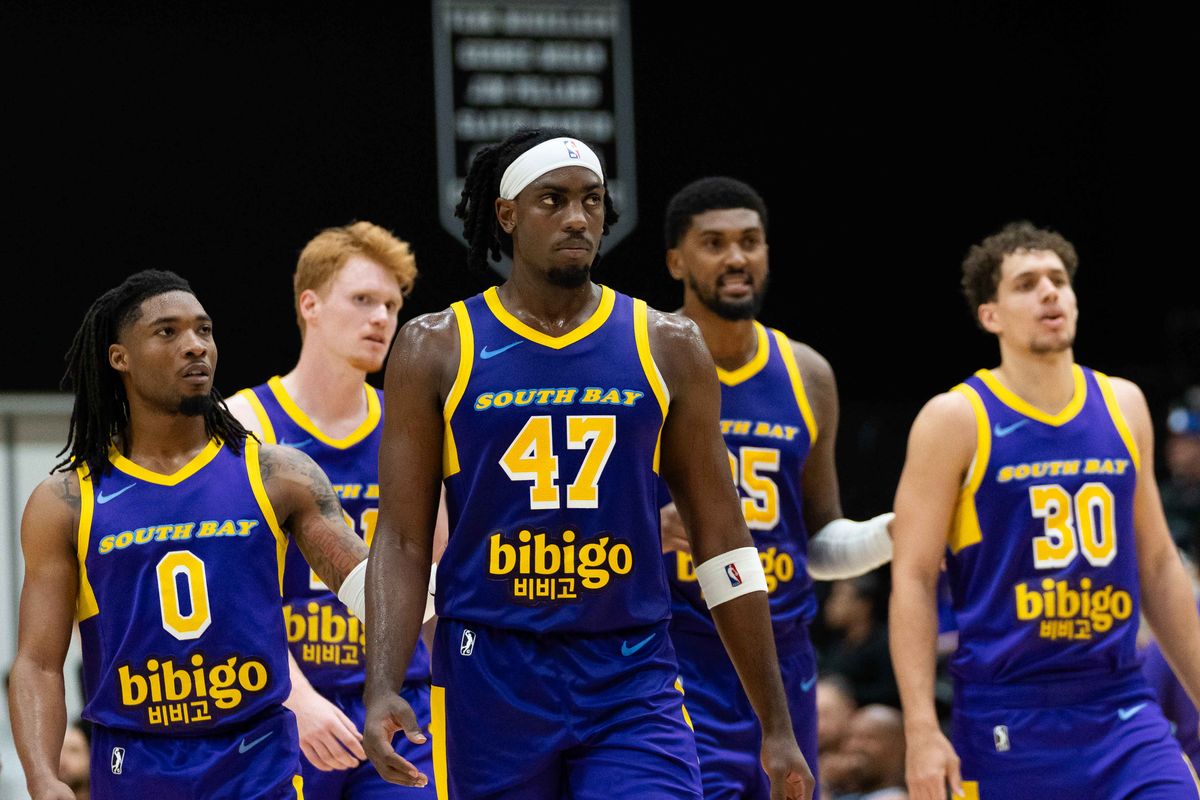 South Bay Lakers starting five walk onto the court during an NBA G-League basketball game against the Stockton Kings, Tuesday March 24th, 2026 in El Segundo California South Bay Lakers starting five walk onto the court during an NBA G-League basketball game against the Stockton Kings, Tuesday March 24th, 2026 in El Segundo California