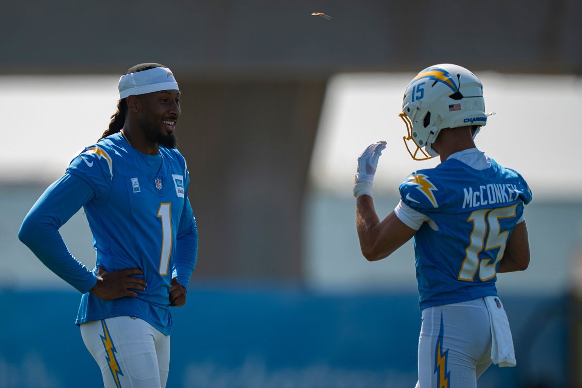Los Angeles Chargers wide receivers Quentin Johnston (1) and Ladd McConkey (15) during Chargers training camp at the Bolt on Wednesday, July 29th in El Segundo, CA. Los Angeles Chargers wide receivers Quentin Johnston (1) and Ladd McConkey (15) during Chargers training camp at the Bolt on Wednesday, July 29th in El Segundo, CA.