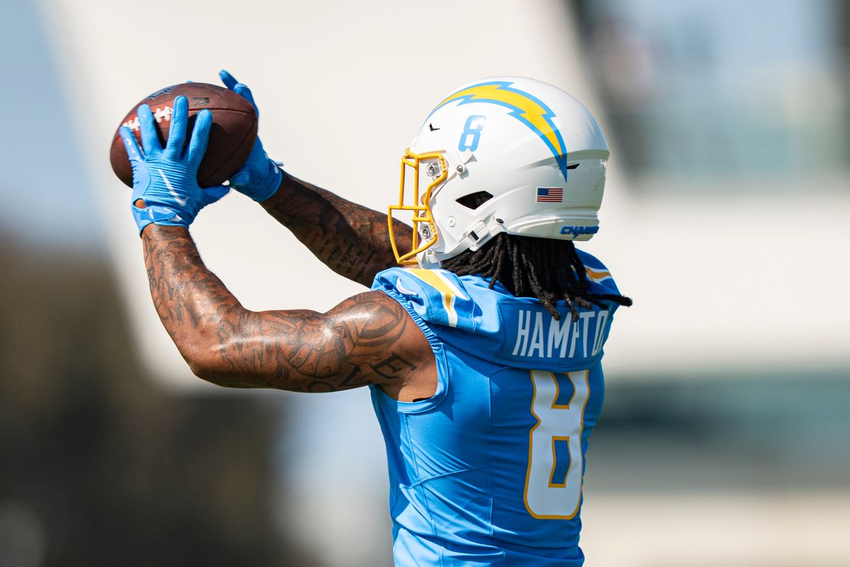 Los Angeles Chargers running back Omarion Hampton (8) during Chargers training camp at the Bolt on Wednesday, July 29th in El Segundo, CA. Los Angeles Chargers running back Omarion Hampton (8) during Chargers training camp at the Bolt on Wednesday, July 29th in El Segundo, CA.