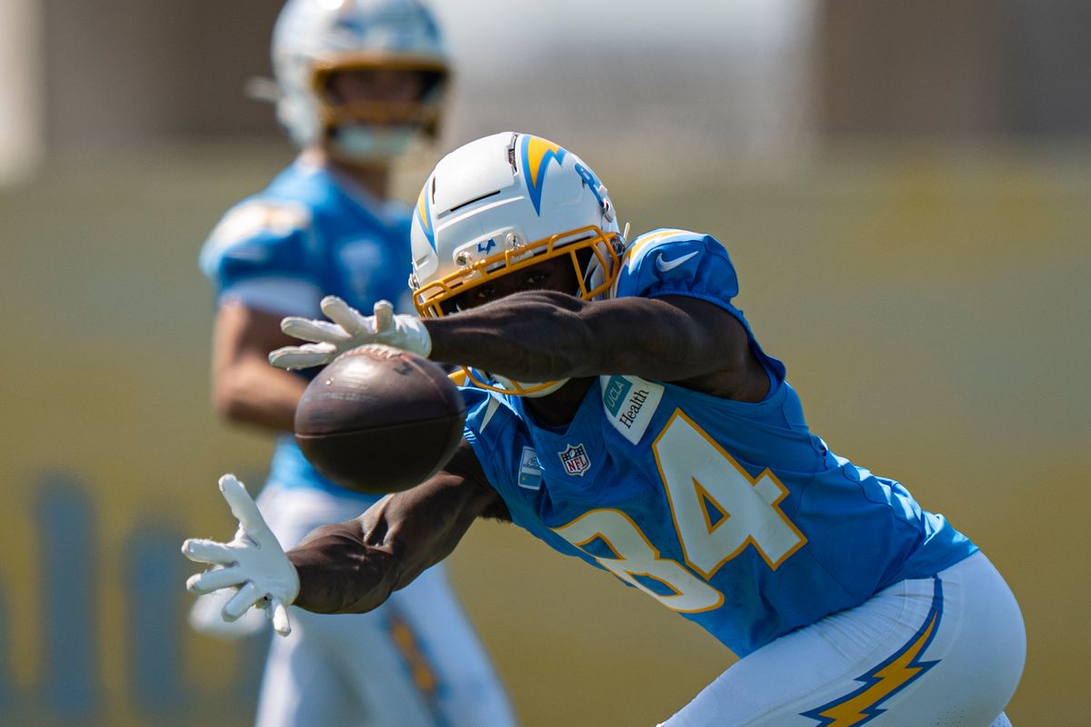 Los Angeles Chargers wide receiver KeAndre Lambert-Smith (84) during Chargers training camp at the Bolt on Wednesday, July 29th in El Segundo, CA. Los Angeles Chargers wide receiver KeAndre Lambert-Smith (84) during Chargers training camp at the Bolt on Wednesday, July 29th in El Segundo, CA.