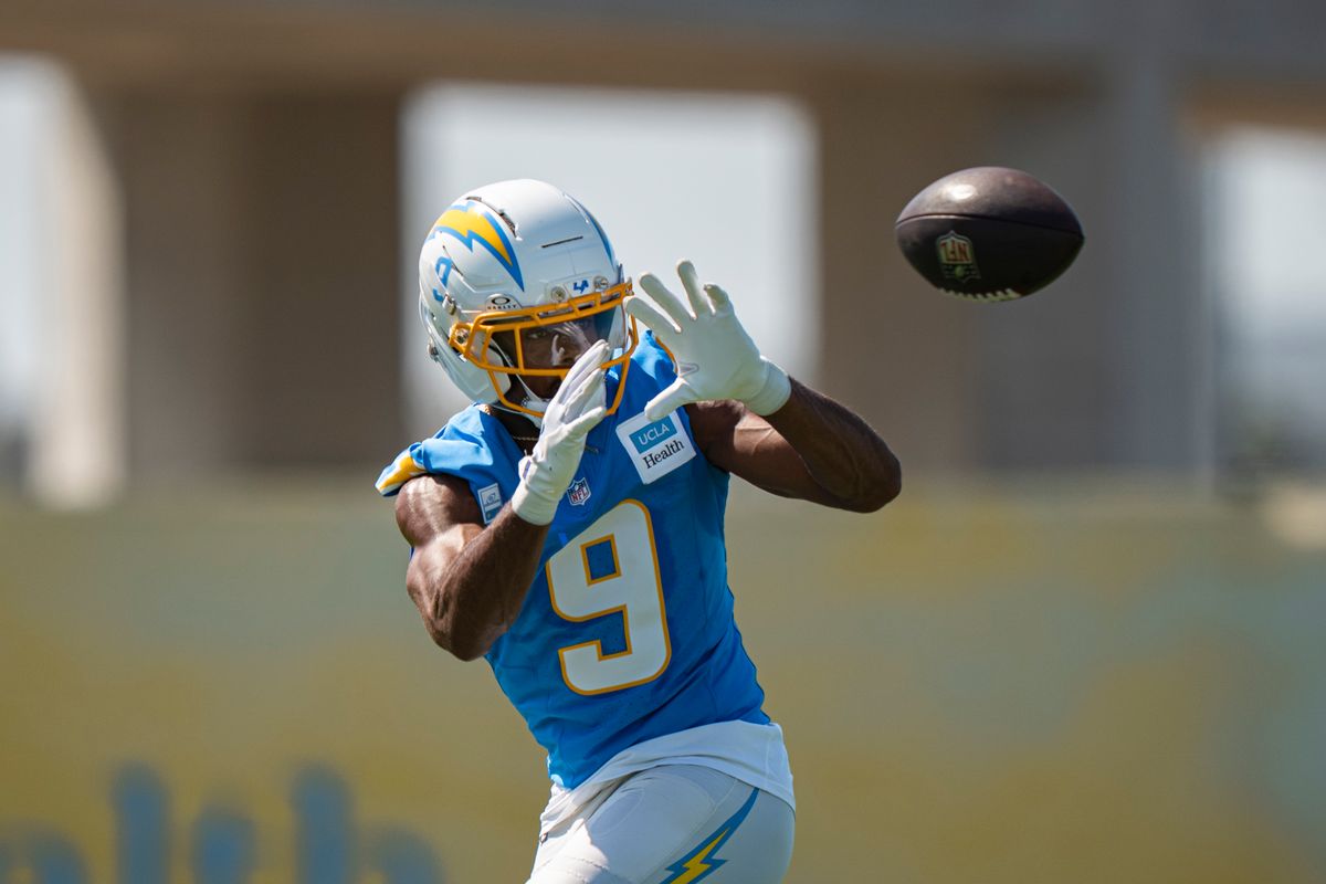 Los Angeles Chargers wide receiver Tre Harris (9) during Chargers training camp at the Bolt on Wednesday, July 29th in El Segundo, CA. Los Angeles Chargers wide receiver Tre Harris (9) during Chargers training camp at the Bolt on Wednesday, July 29th in El Segundo, CA.