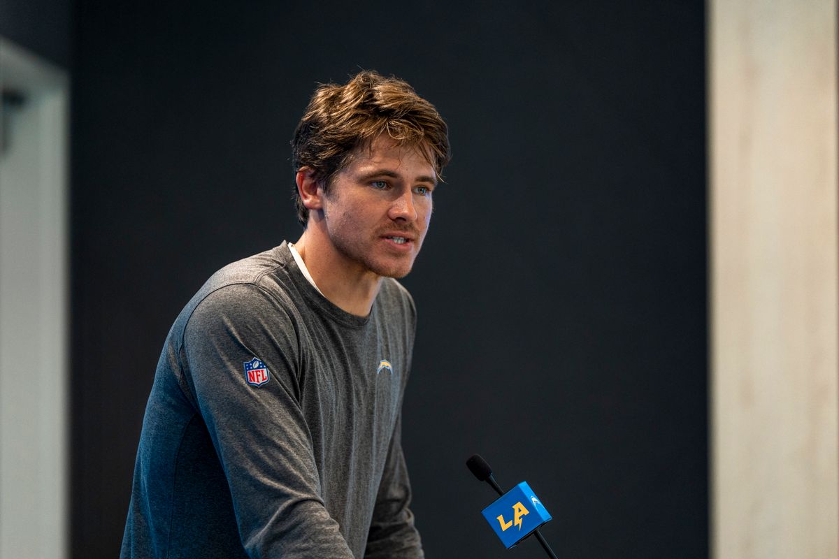 Los Angeles Chargers quarterback Justin Herbert addresses media during Chargers training camp at the Bolt on Wednesday, July 29th in El Segundo, CA. Los Angeles Chargers quarterback Justin Herbert addresses media during Chargers training camp at the Bolt on Wednesday, July 29th in El Segundo, CA.