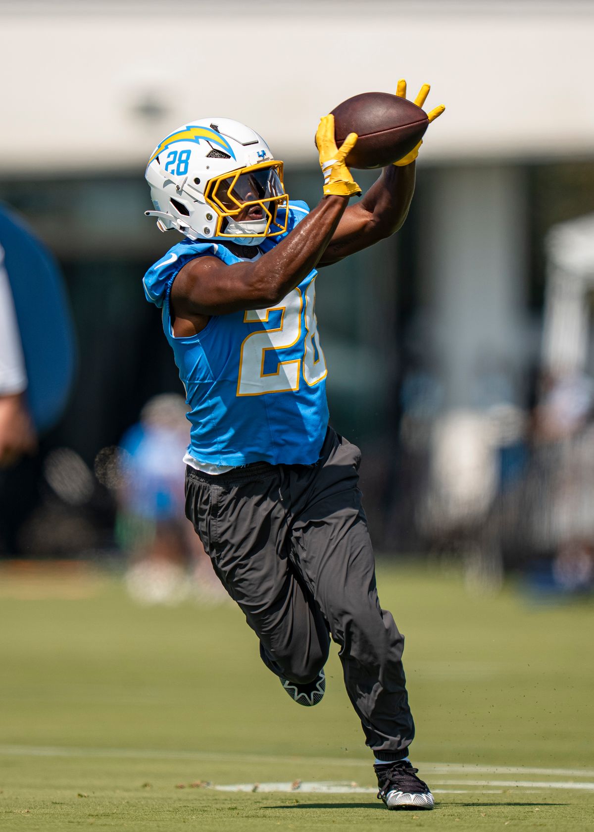 Los Angeles Chargers running back Kimani Vidal (28) during Chargers training camp at The Bolt on Monday, July 30th in El Segundo, CA. Los Angeles Chargers running back Kimani Vidal (28) during Chargers training camp at The Bolt on Monday, July 30th in El Segundo, CA.