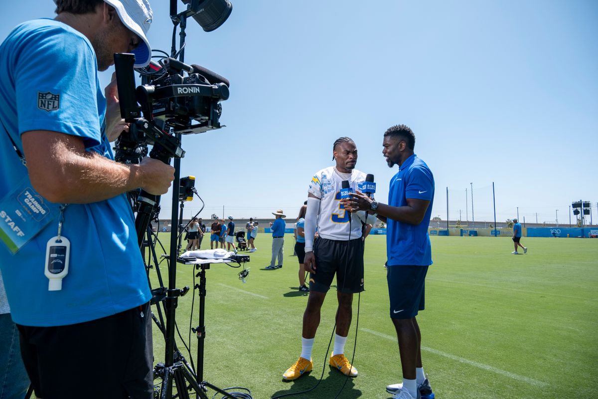 Los Angeles Chargers safety Derwin James Jr. (3) in an interview during Chargers training camp at The Bolt on Monday, July 30th in El Segundo, CA. Los Angeles Chargers safety Derwin James Jr. (3) in an interview during Chargers training camp at The Bolt on Monday, July 30th in El Segundo, CA.
