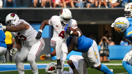 Arizona Cardinals RB Jeremiyah Love (4) runs the football during an NFL game between the Arizona Cardinals and the Los Angeles Chargers on Sunday, September 13, 2026 at SoFi Stadium in Inglewood, California. Arizona Cardinals RB Jeremiyah Love (4) runs the football during an NFL game between the Arizona Cardinals and the Los Angeles Chargers on Sunday, September 13, 2026 at SoFi Stadium in Inglewood, California.