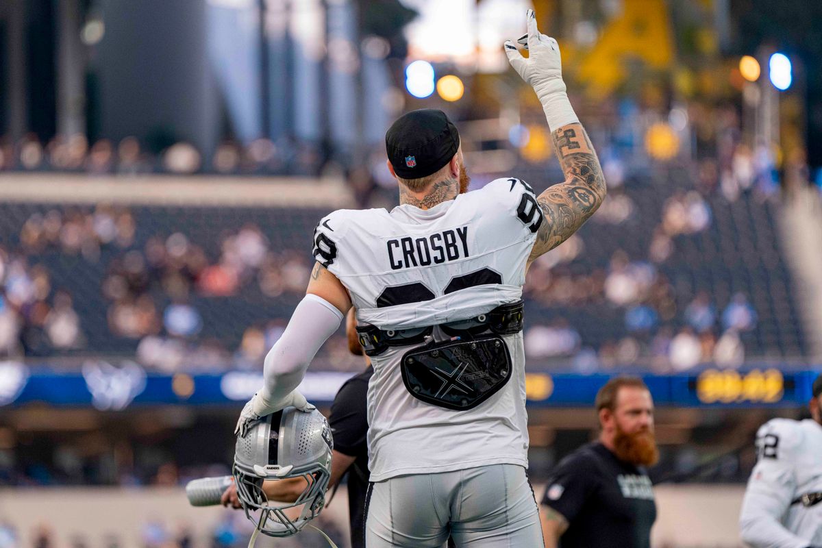 Las Vegas Raiders defensive end, Maxx Crosby (98) getting excited before an NFL football game against the Los Angeles Chargers on November 30, 2025 in Los Angeles, CA. Las Vegas Raiders defensive end, Maxx Crosby (98) getting excited before an NFL football game against the Los Angeles Chargers on November 30, 2025 in Los Angeles, CA.
