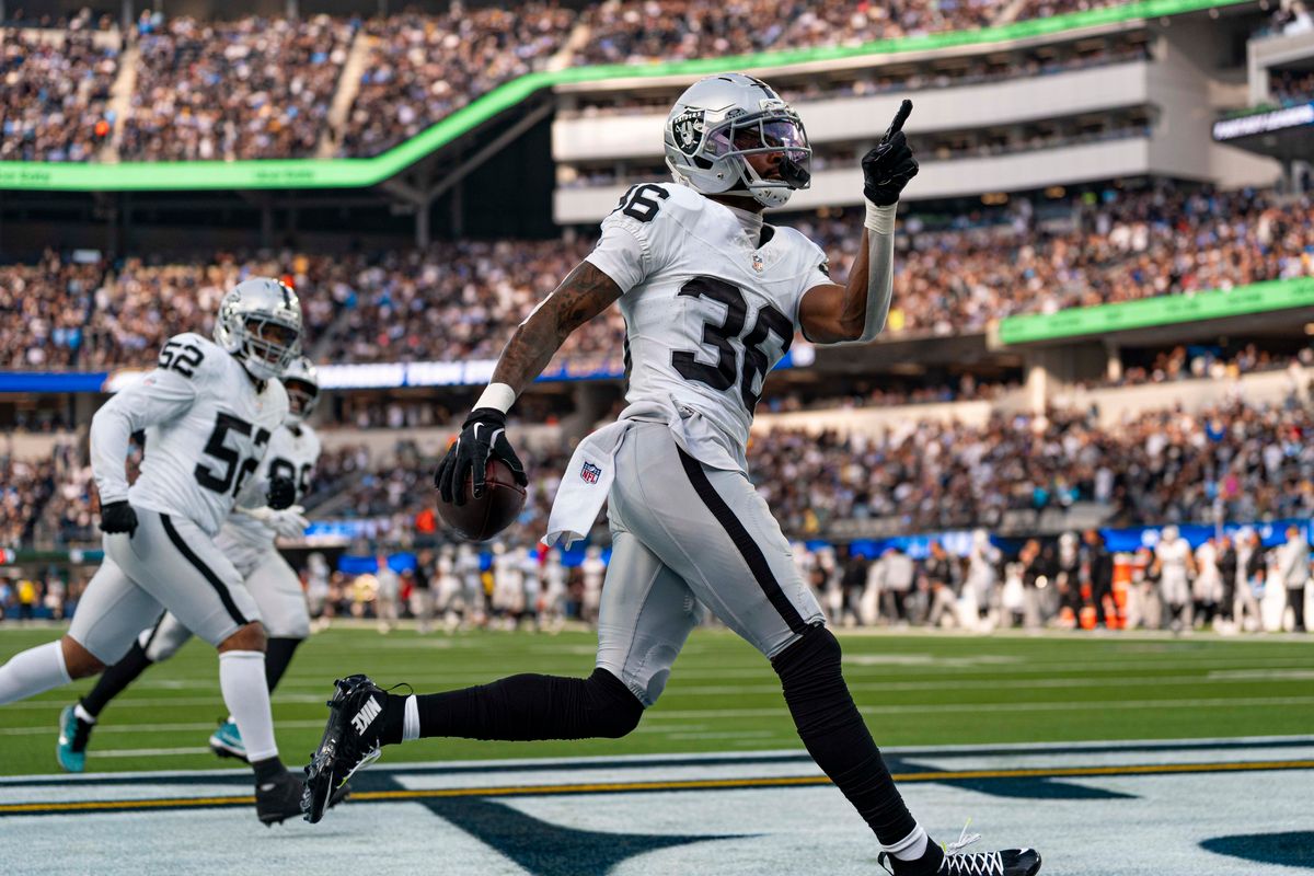 Las Vegas Raiders cornerback, Kyu Blu Kelly (36) celebrates an interception during an NFL football game against the Los Angeles Chargers on November 30, 2025 in Los Angeles, CA. Las Vegas Raiders cornerback, Kyu Blu Kelly (36) celebrates an interception during an NFL football game against the Los Angeles Chargers on November 30, 2025 in Los Angeles, CA.