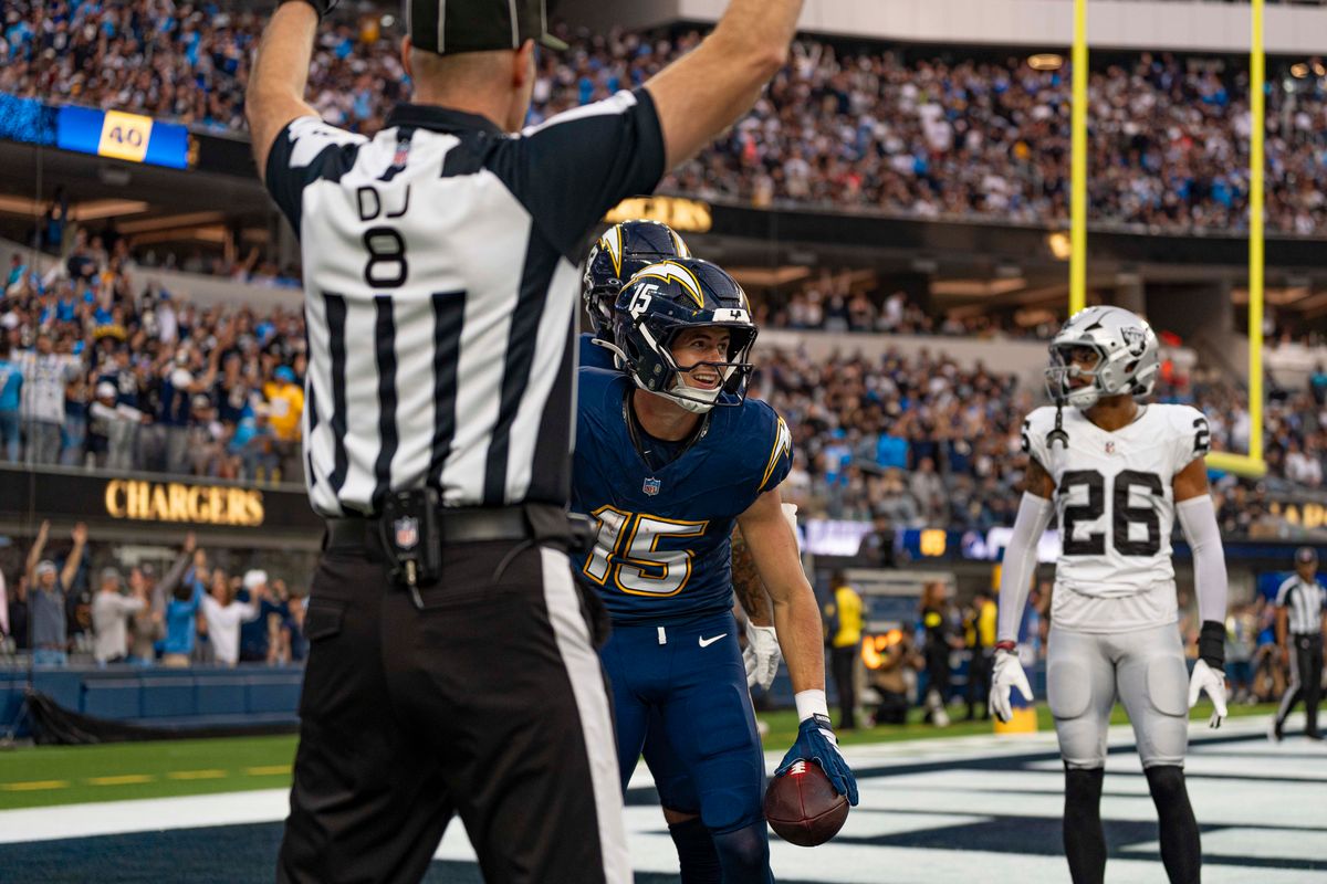 Los Angeles Chargers wide receiver, Ladd McConkey (15) celebrates a touchdown catch during an NFL football game against the Las Vegas Raiders on November 30, 2025 in Los Angeles, CA. Los Angeles Chargers wide receiver, Ladd McConkey (15) celebrates a touchdown catch during an NFL football game against the Las Vegas Raiders on November 30, 2025 in Los Angeles, CA.