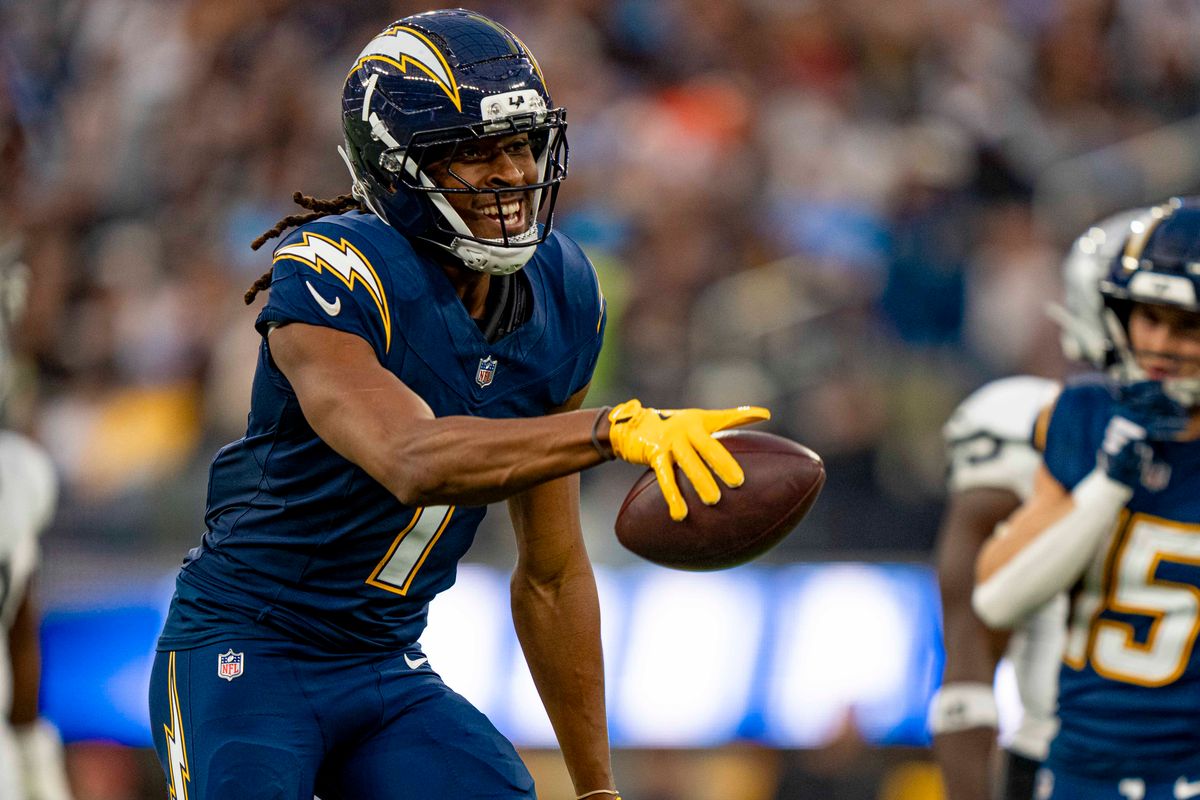 Los Angeles Chargers wide receiver, Quentin Johnston (1) celebrates a first down during an NFL football game against the Las Vegas Raiders on November 30, 2025 in Los Angeles, CA. Los Angeles Chargers wide receiver, Quentin Johnston (1) celebrates a first down during an NFL football game against the Las Vegas Raiders on November 30, 2025 in Los Angeles, CA.