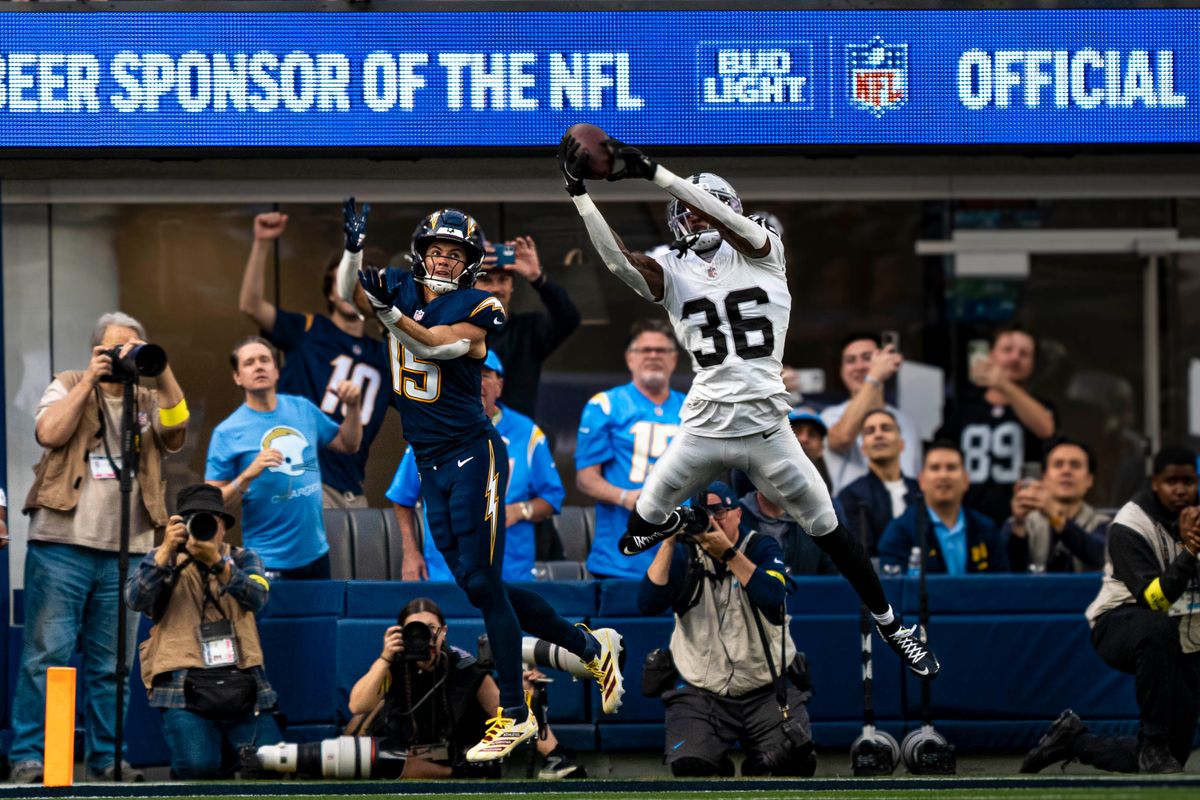 Las Vegas Raiders cornerback, Kyu Blu Kelly (36) intercepts a pass in the end zone during an NFL football game against the Los Angeles Chargers on November 30, 2025 in Los Angeles, CA. Las Vegas Raiders cornerback, Kyu Blu Kelly (36) intercepts a pass in the end zone during an NFL football game against the Los Angeles Chargers on November 30, 2025 in Los Angeles, CA.
