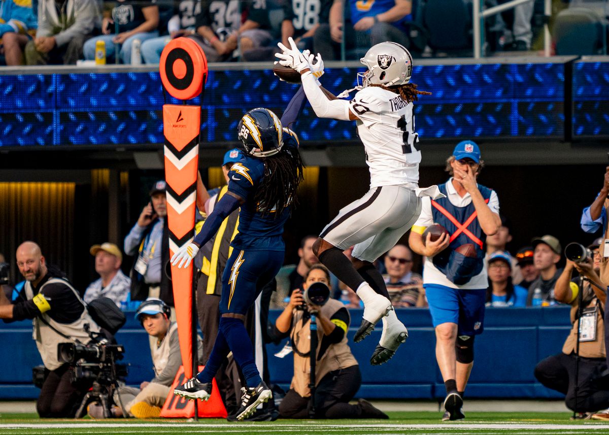 Los Angeles Chargers cornerback, Donte Jackson (26) breaks up a pass during an NFL football game against the Las Vegas Raiders on November 30, 2025 in Los Angeles, CA. Los Angeles Chargers cornerback, Donte Jackson (26) breaks up a pass during an NFL football game against the Las Vegas Raiders on November 30, 2025 in Los Angeles, CA.