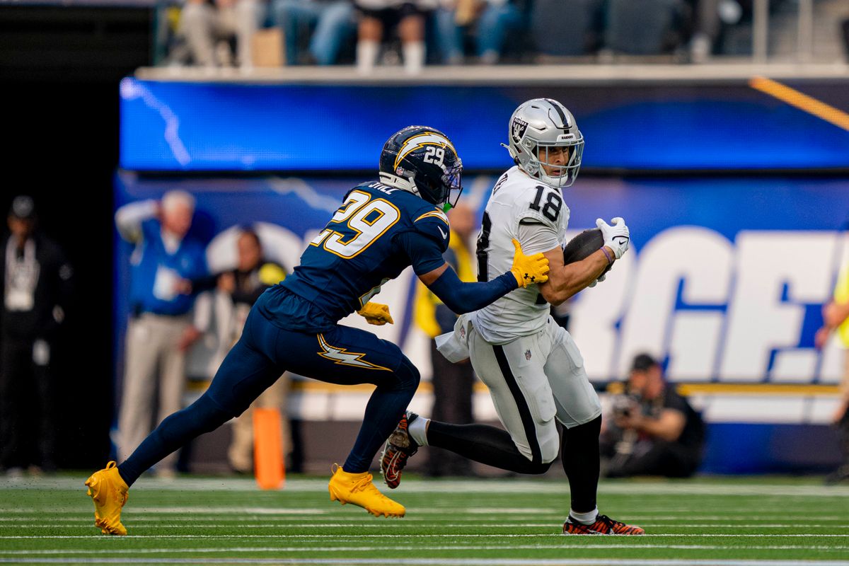 Las Vegas Raiders wide receiver, Jack Bech (18) runs after a catch during an NFL football game against the Los Angeles Chargers on November 30, 2025 in Los Angeles, CA. Las Vegas Raiders wide receiver, Jack Bech (18) runs after a catch during an NFL football game against the Los Angeles Chargers on November 30, 2025 in Los Angeles, CA.