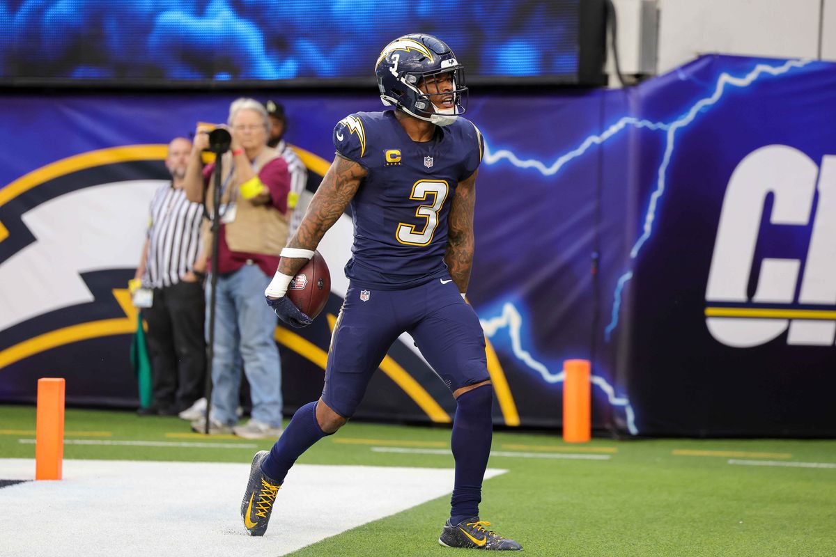 Los Angeles Chargers safety Derwin James Jr. (3) runs to the end zone to celebrate after intercepting the ball during a NFL game against the Houston Texans on December 027, 2025 at Sofi Stadium in Inglewood, CA. Los Angeles Chargers safety Derwin James Jr. (3) runs to the end zone to celebrate after intercepting the ball during a NFL game against the Houston Texans on December 027, 2025 at Sofi Stadium in Inglewood, CA.