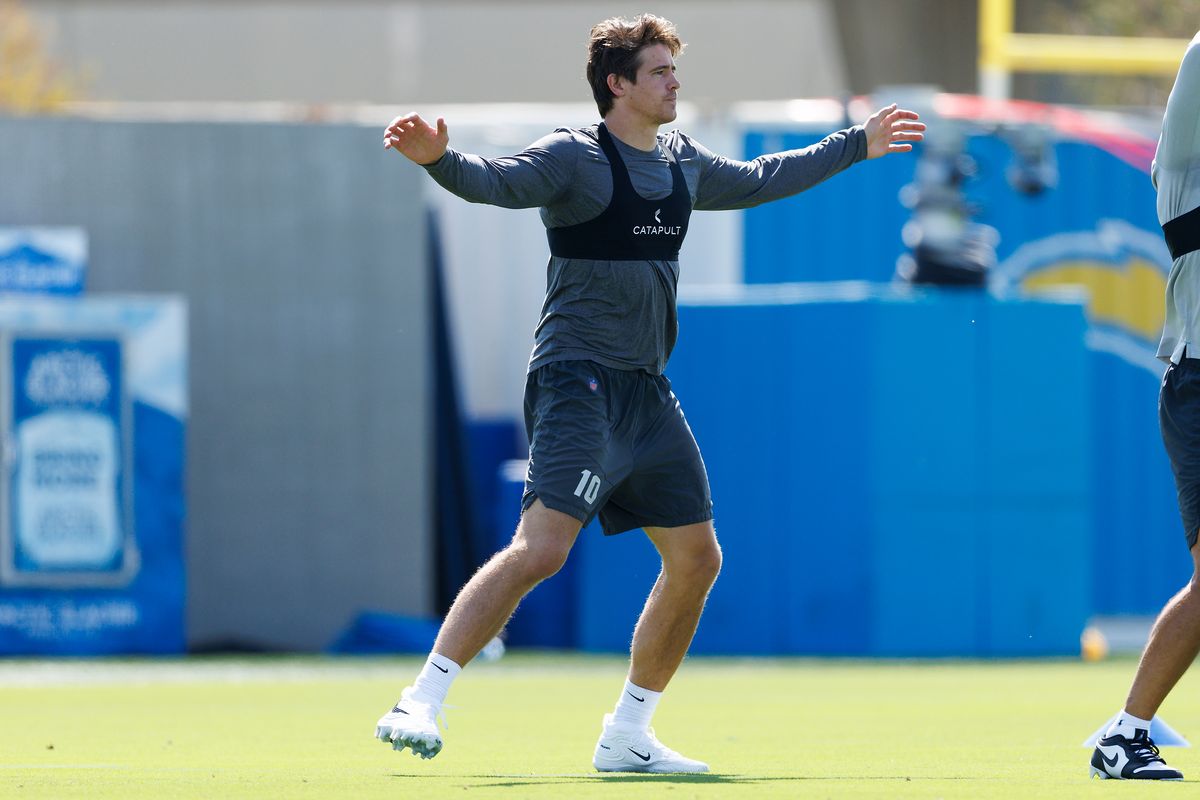 Justin Herbert #10 of the Los Angeles Chargers warms up during offseason workouts at The Bolt on April 20, 2026 in El Segundo, California. Justin Herbert #10 of the Los Angeles Chargers warms up during offseason workouts at The Bolt on April 20, 2026 in El Segundo, California.