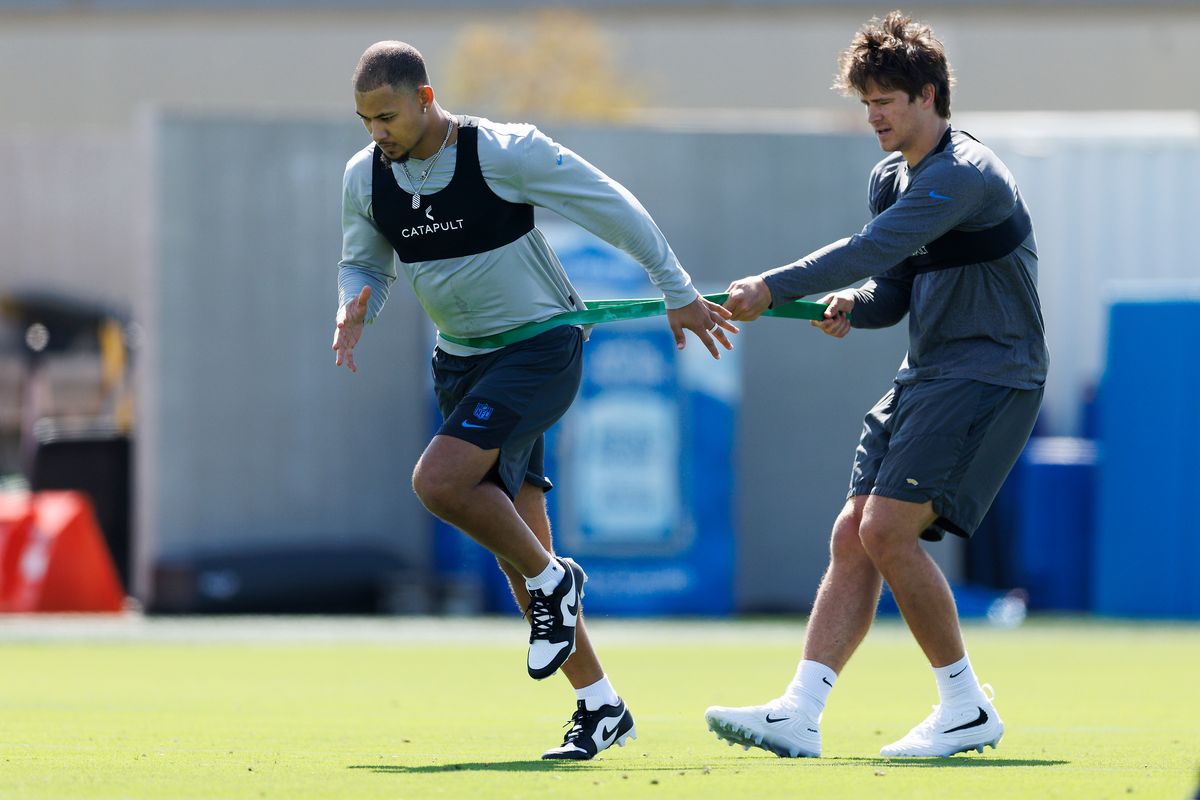 Trey Lance #5 of the Los Angeles Chargers warms up with Justin Herbert #10 of the Los Angeles Chargers during offseason workouts at The Bolt on April 20, 2026 in El Segundo, California. Trey Lance #5 of the Los Angeles Chargers warms up with Justin Herbert #10 of the Los Angeles Chargers during offseason workouts at The Bolt on April 20, 2026 in El Segundo, California.